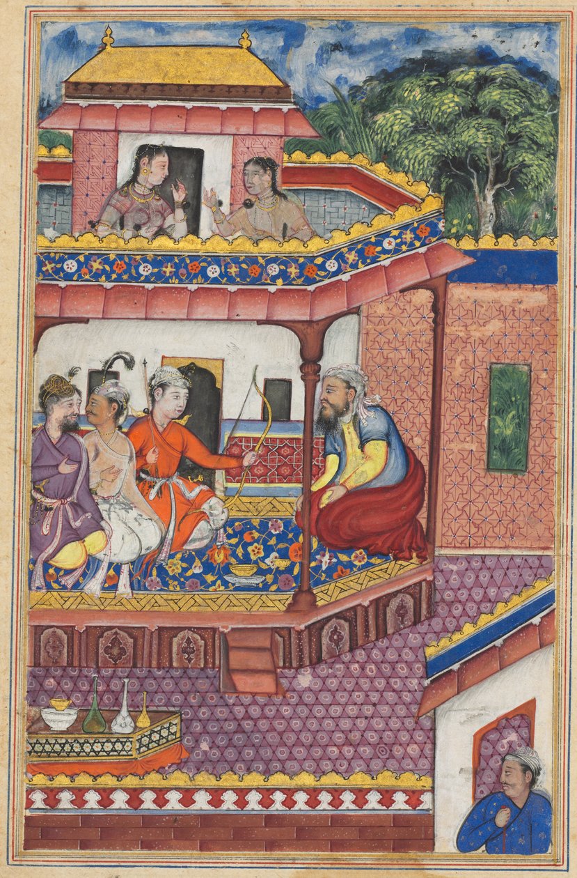 De drie jonge mannen presenteren zich als huwelijkskandidaten voor de hand van Zuhra, de dochter van de koopman van Kabul, uit een Tuti-nama (Verhalen van een Papegaai): Vierendertigste Nacht door Unknown artist