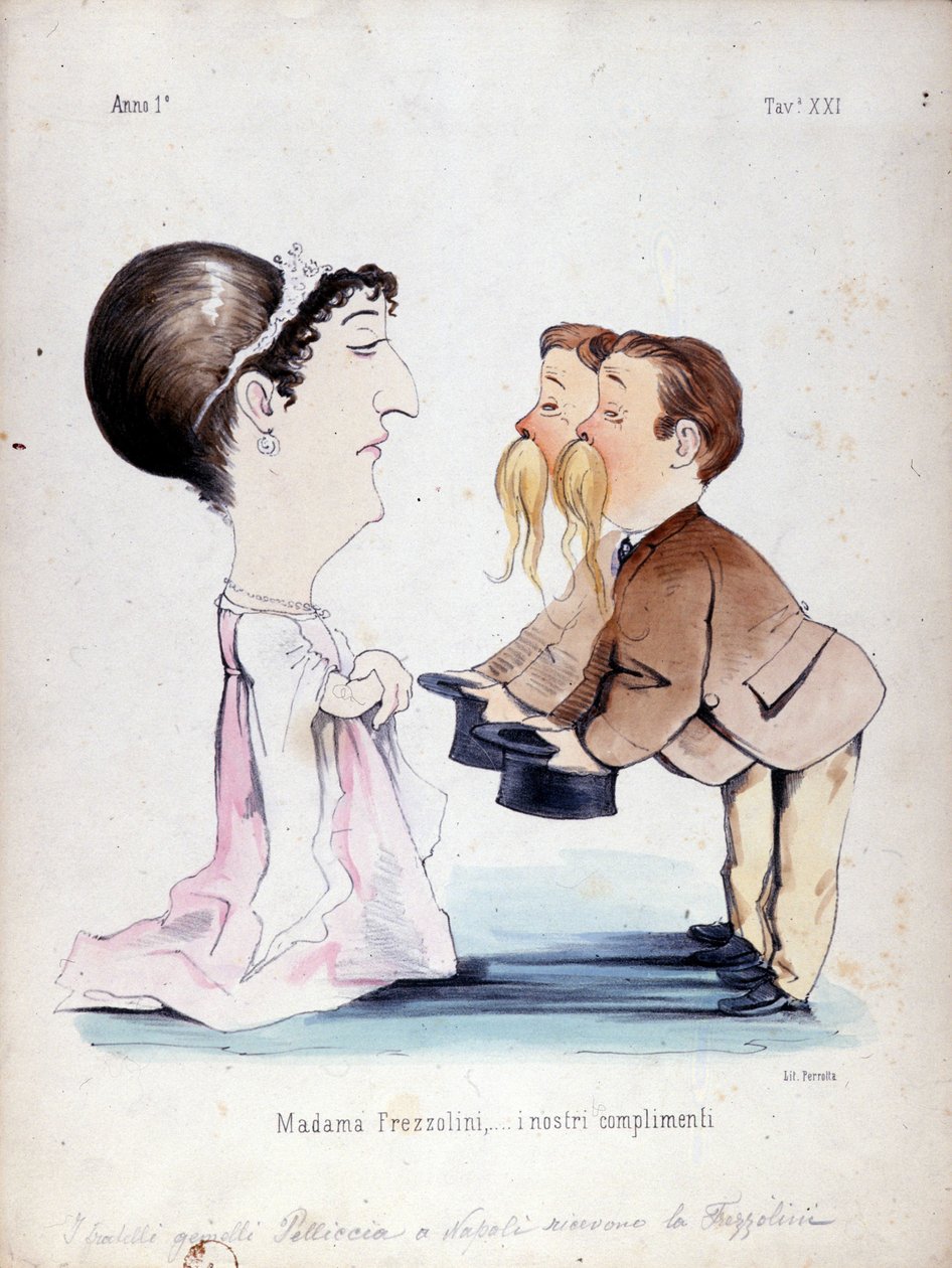 De tweelingbroers Pelliccia ontvingen Erminia Frezzolini, de Italiaanse sopraan (1818-1884). Cartoon uit de 19e eeuw. door Unknown artist