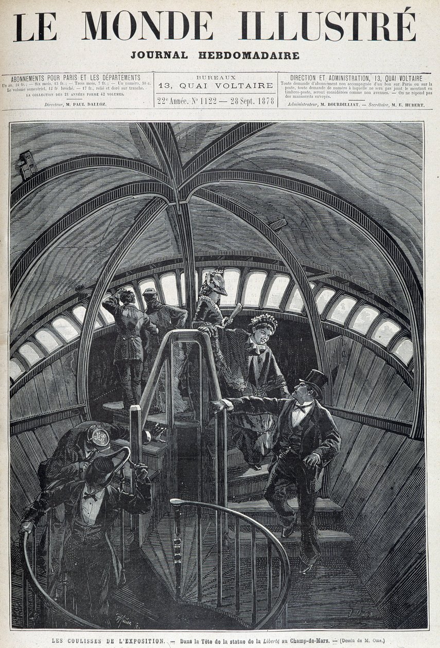 Het bezoek aan de binnenkant van het hoofd van het Vrijheidsbeeld op de Wereldtentoonstelling - in "The Illustrated World" van 28/09/1878 door Unknown artist