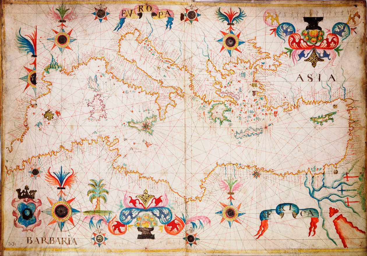 Dit type vroege perkamenten zeekaart ontstond in de Middellandse Zee in de 13e eeuw., c.1610 door Unknown artist