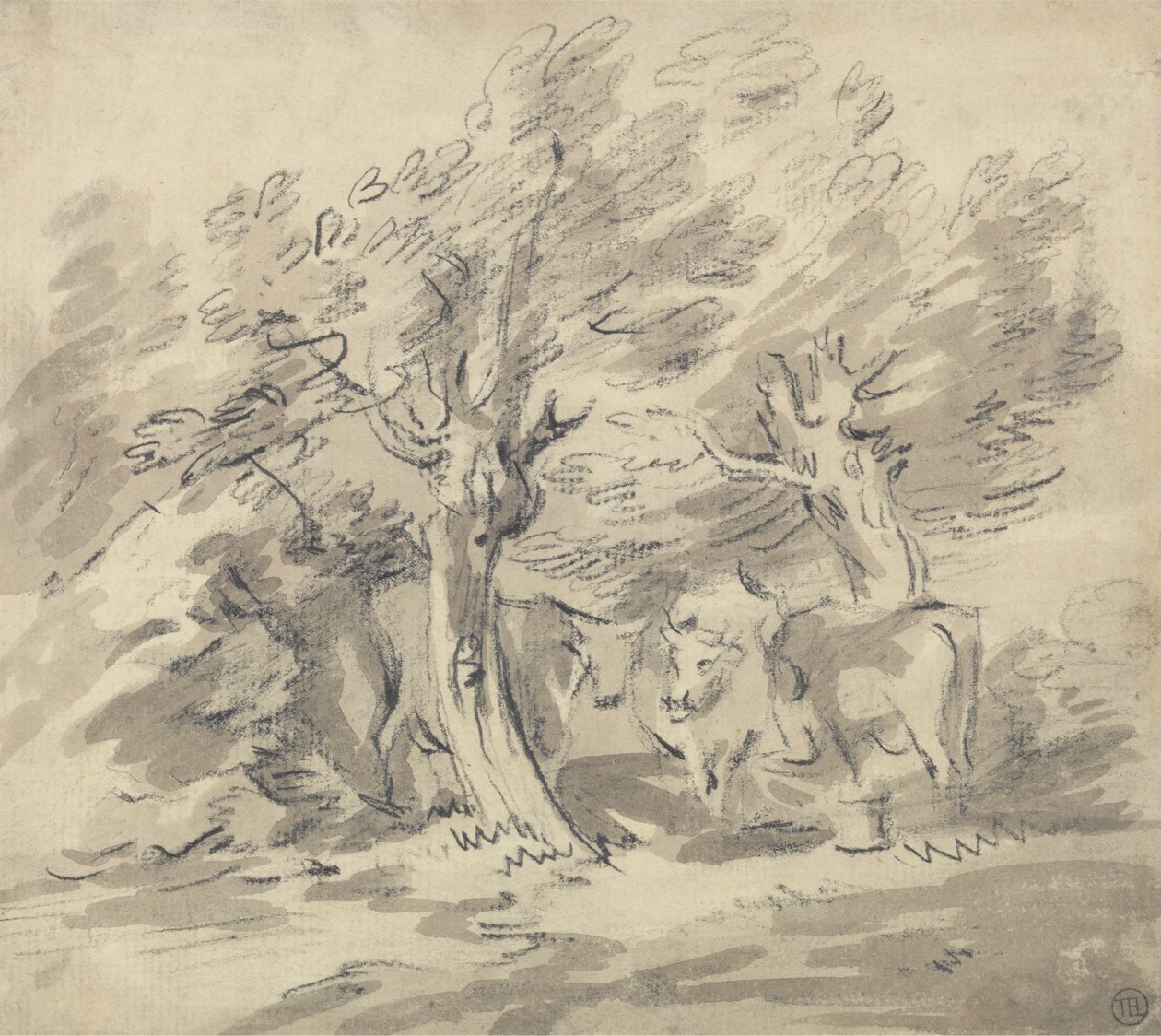 Drie koeien onder een groep bomen door Unknown artist
