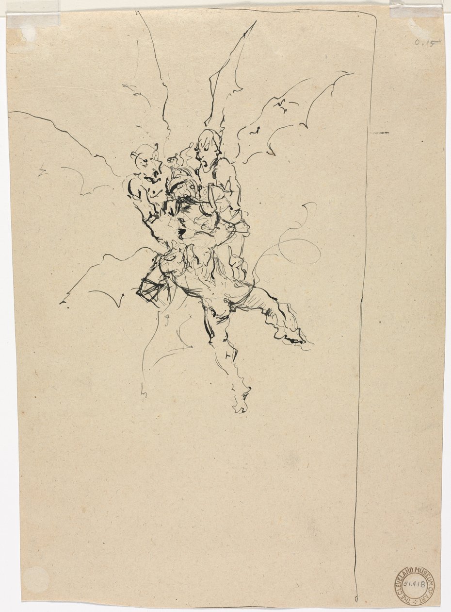 Drie demonen die een ridder vasthouden (verso) door Unknown artist