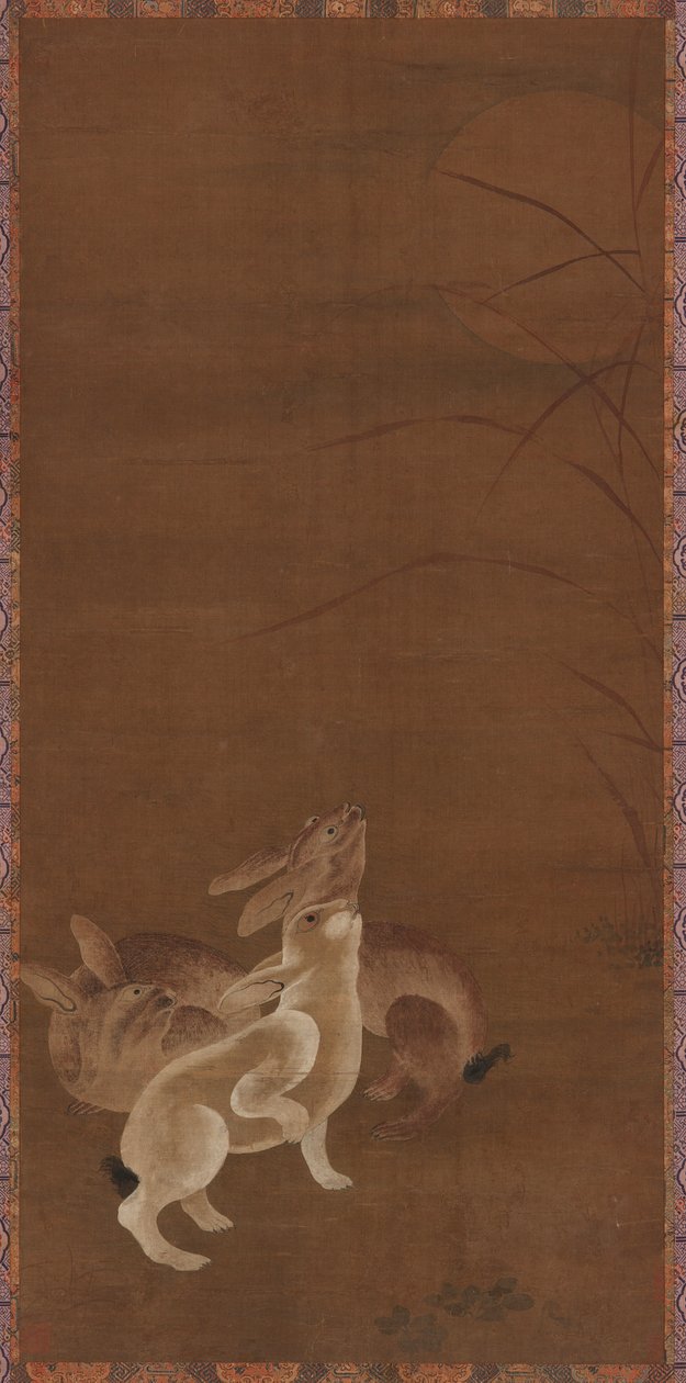 Drie Hazen Kijken naar de Maan door Unknown artist