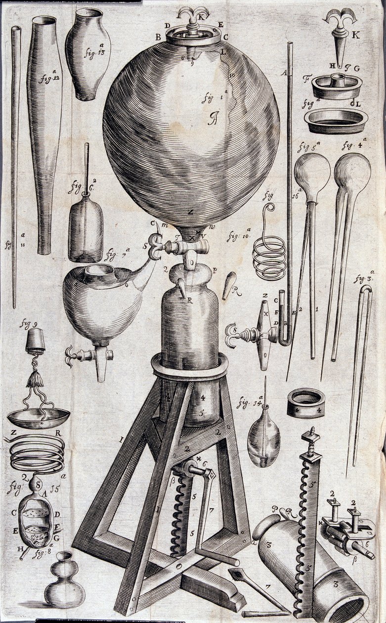 Gereedschappen voor wetenschappelijke experimenten - in "Nova experimenta physico-mechanica de vi aeris elastica, et ejusdem effectibus, facta maximam partem in nova machina pneumatica" door Robert Boyle door Unknown artist