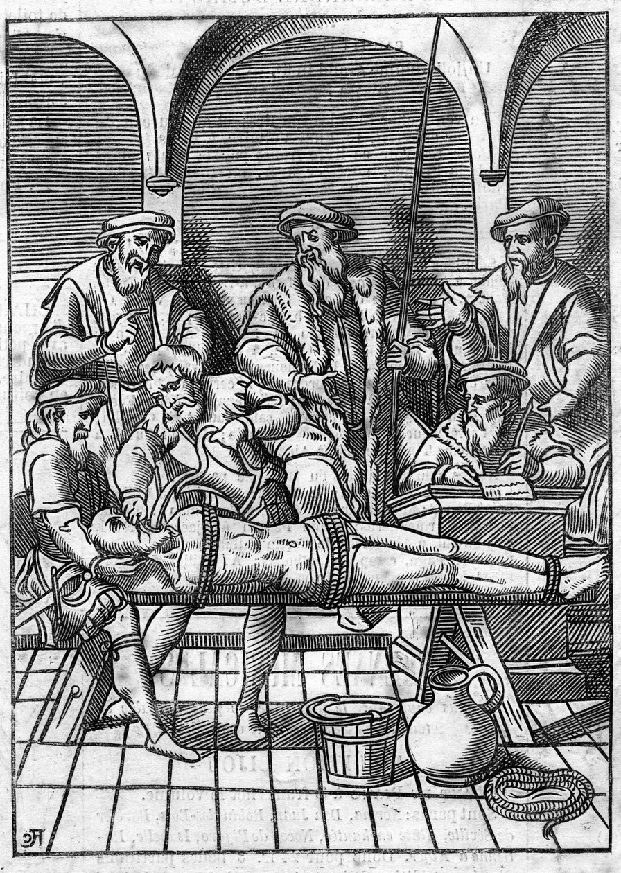 Marteling in de Middeleeuwen: de waterkwestie. Vastgebonden met touwen, wordt water op een doek gegoten die in de keel wordt geduwd. Gravure uit de 18e eeuw naar een gravure uit de Middeleeuwen. door Unknown artist