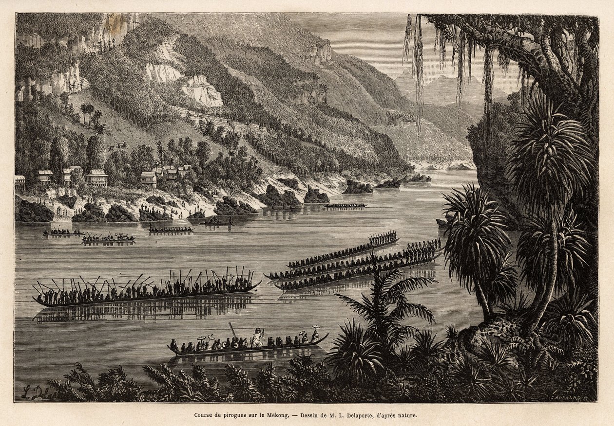 Traditionele kanorace op de Mekong-rivier, georganiseerd elk jaar aan het einde van het regenseizoen, als een prestigieuze competitie tussen de nabijgelegen vissers- en landbouwdorpen. Gravure ter illustratie van de ontdekkingsreis in Indochina, door Fran door Unknown artist