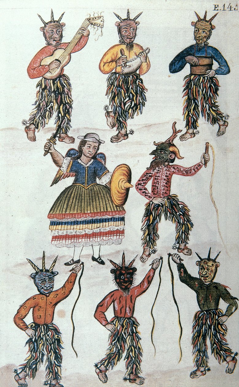 Traditionele dans van de Diablicos in Peru, uit het boek "Trujillo del Peru" of "Códice Martínez Compañón", door Baltazar Martinez Compañón y Bujanda, bisschop van Trujillo (1782-1785) door Unknown artist