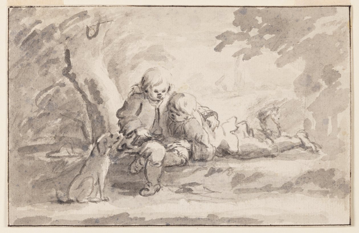 Twee jongens die naar een boek kijken door Unknown artist