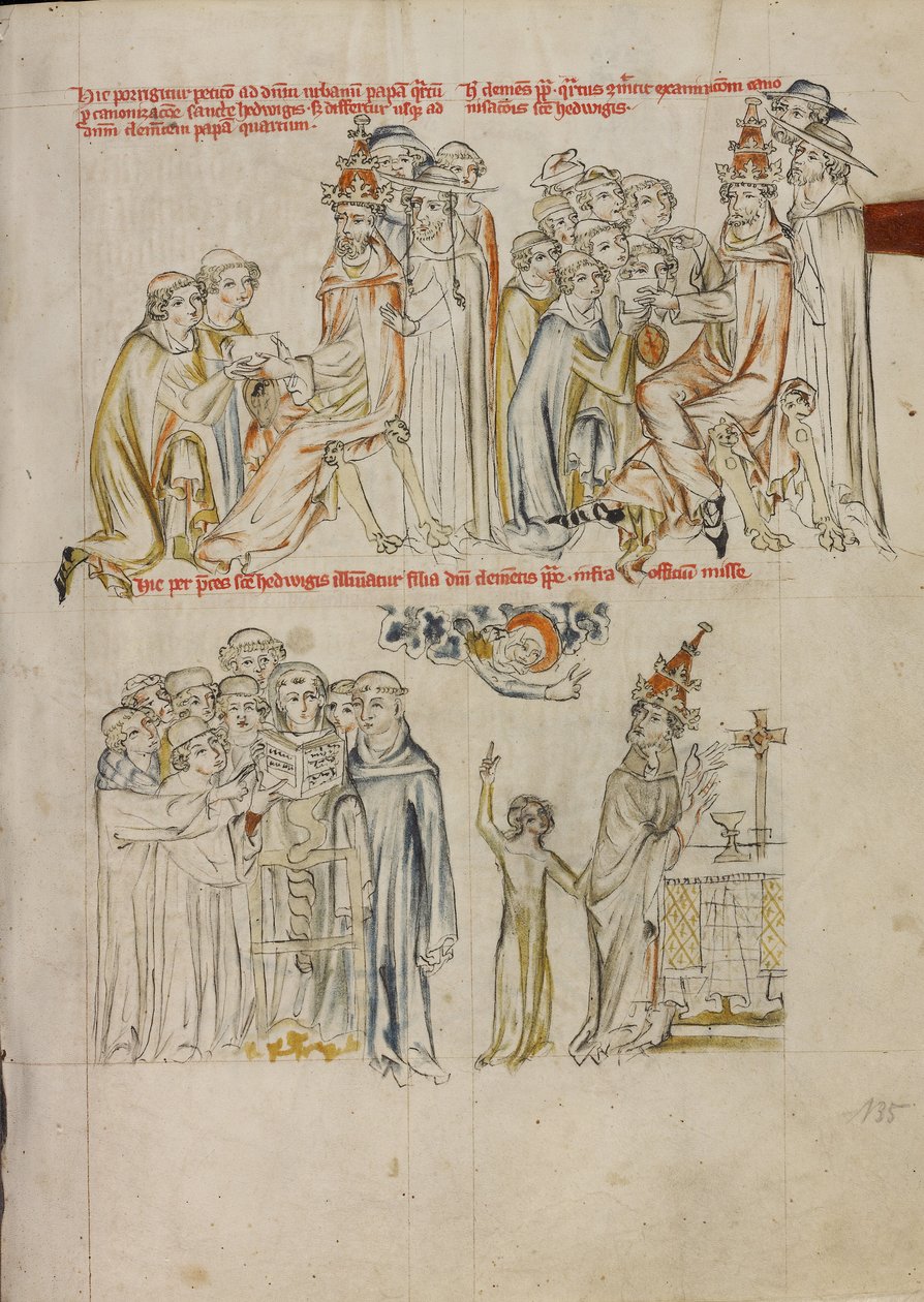 Twee geestelijken vragen de heiligverklaring van de heilige Hedwig aan voor paus Urbanus IV; paus Clemens vraagt de voorspraak van de heilige Hedwig om zijn blinde dochter te genezen door Unknown artist