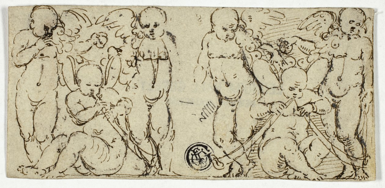 Twee Decoratieve Groepen van Putti met Trompetten en Fruit door Unknown artist