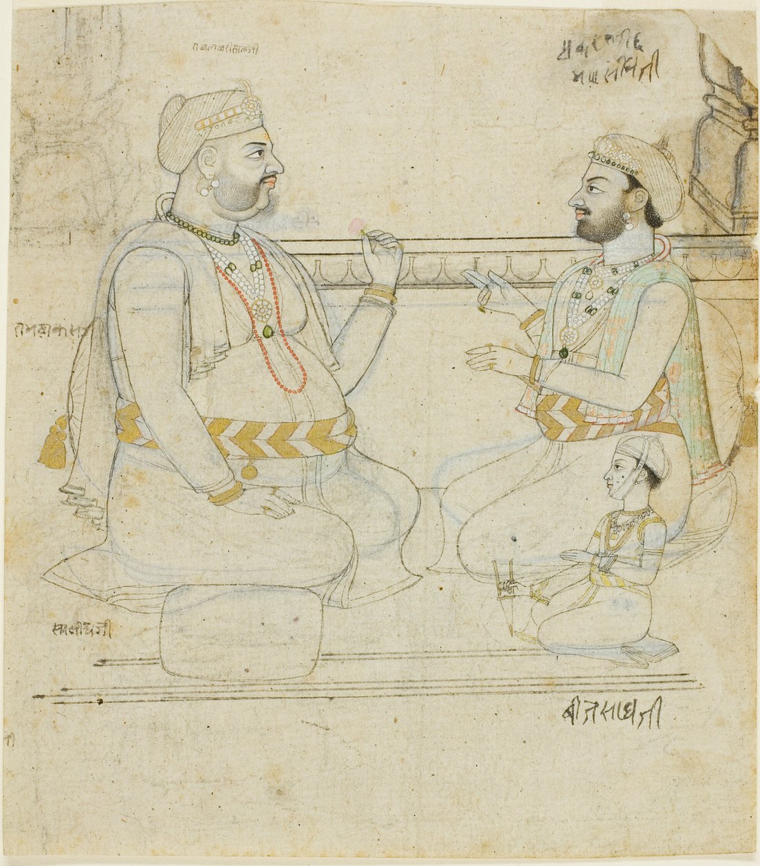 Twee Rajput edelmannen met een kind door Unknown artist