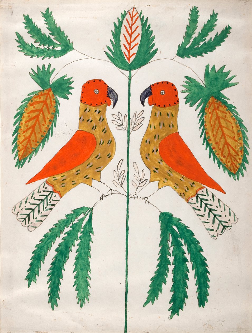 Twee rode en gele papegaaien tegenover elkaar (Groene bladeren) door Unknown artist