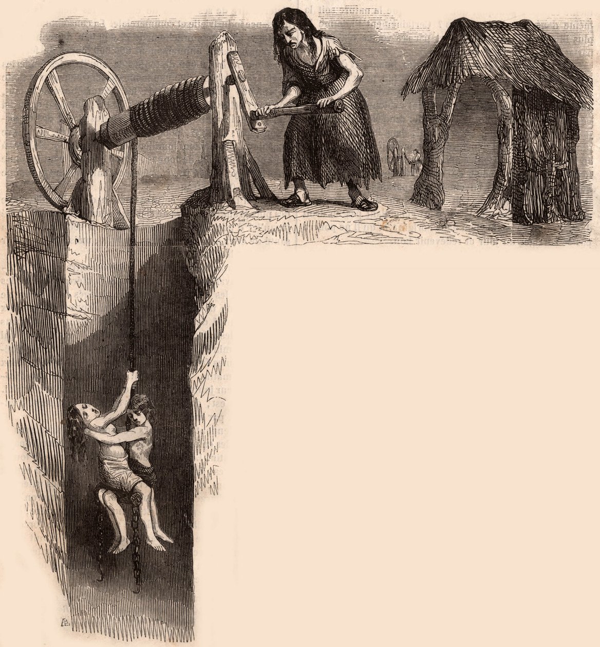 Twee uitgeputte kinderen uit een Engelse kolenmijn gehaald door een vrouw met een lier (gravure) door Unknown artist