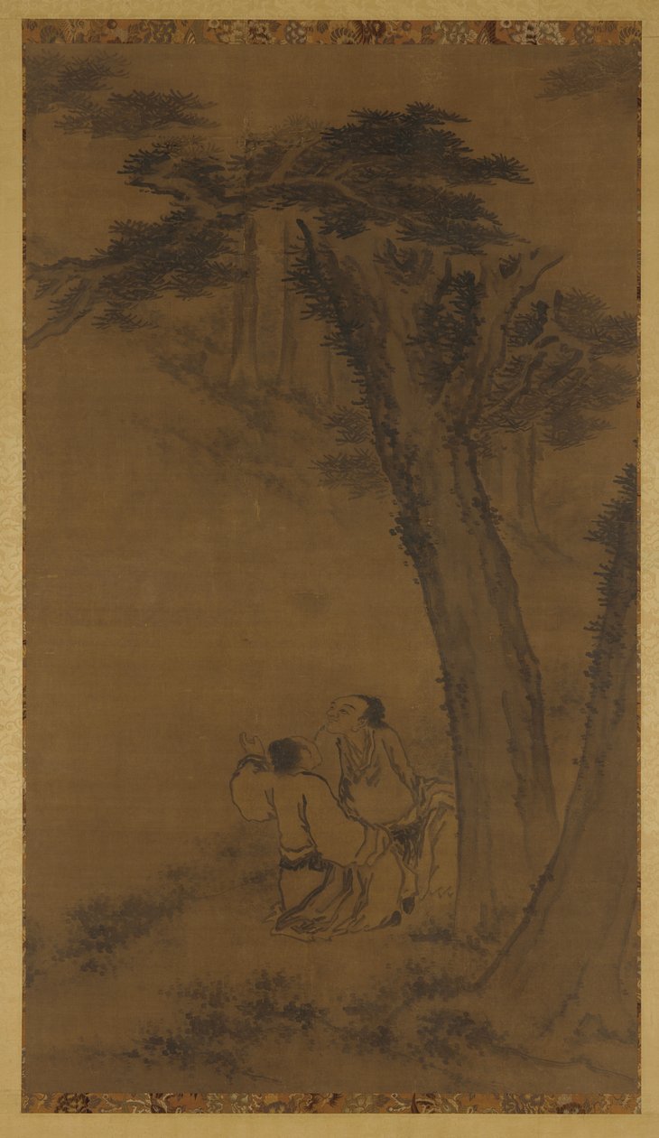 Twee figuren op een heuvel onder bomen door Unknown artist