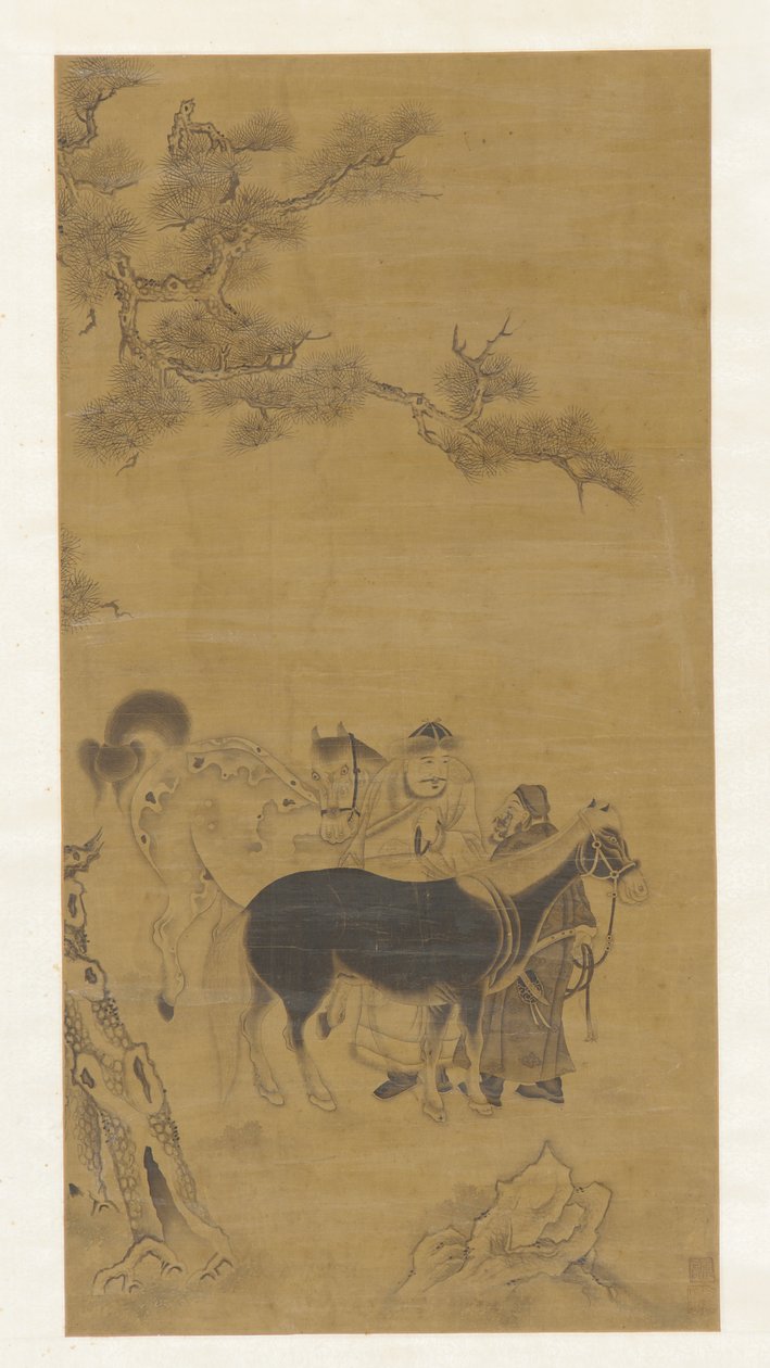 Twee mannen en twee paarden onder een dennenboom door Unknown artist