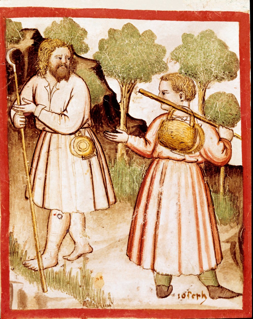 Twee miniatuurherders uit codex 212 (of padovano codice of Bijbel van Padua) 1390-1400 Rovigo, Accademia dei Concordi door Unknown artist
