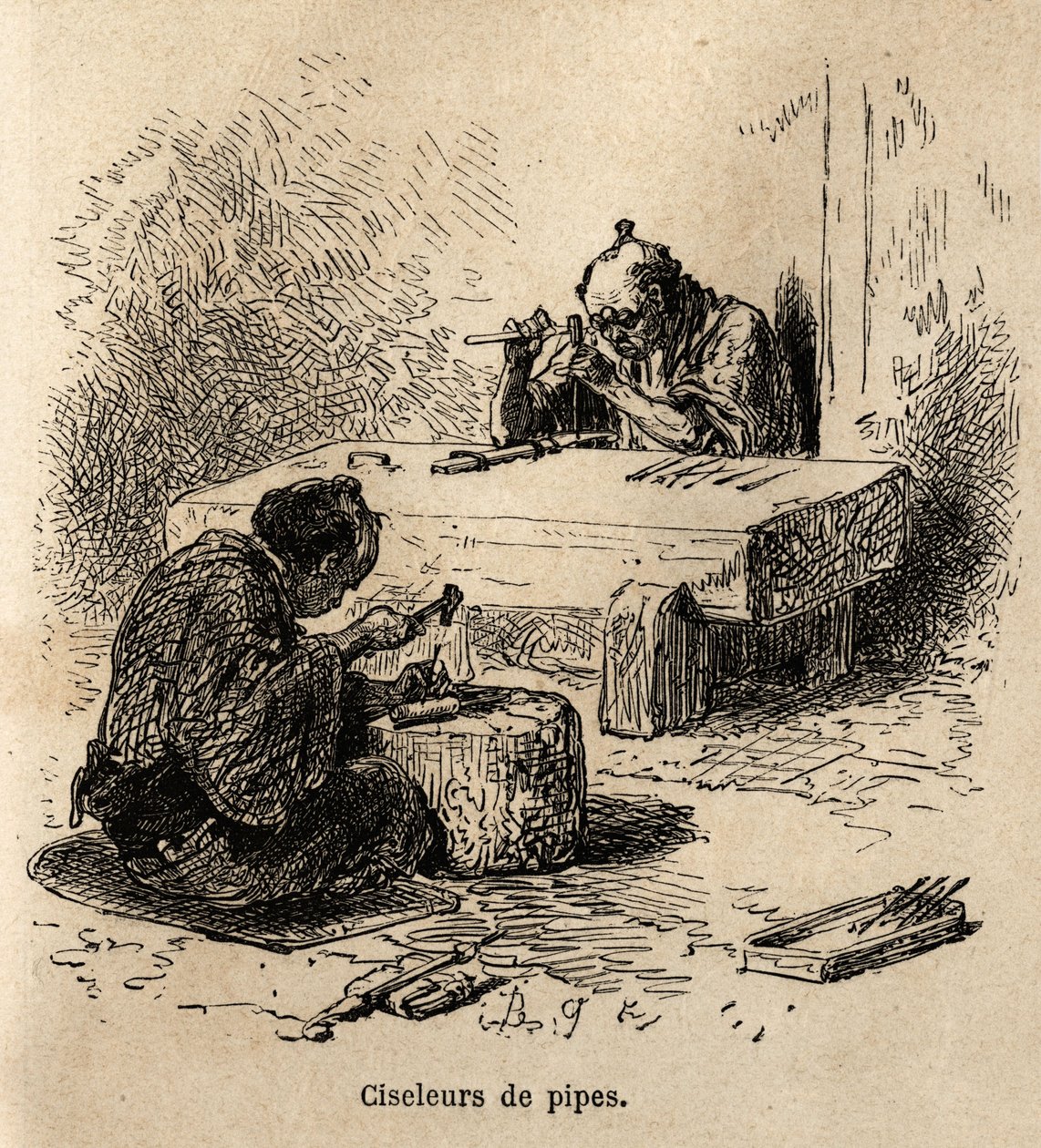 Twee arbeiders, elk met een hamer en een pons, bewerken metalen pijpen in hun werkplaats. Gravure ter illustratie van de reis naar Japan, door Aime Humbert, minister van de Zwitserse Confederatie, in 1863-1864, gepubliceerd in 