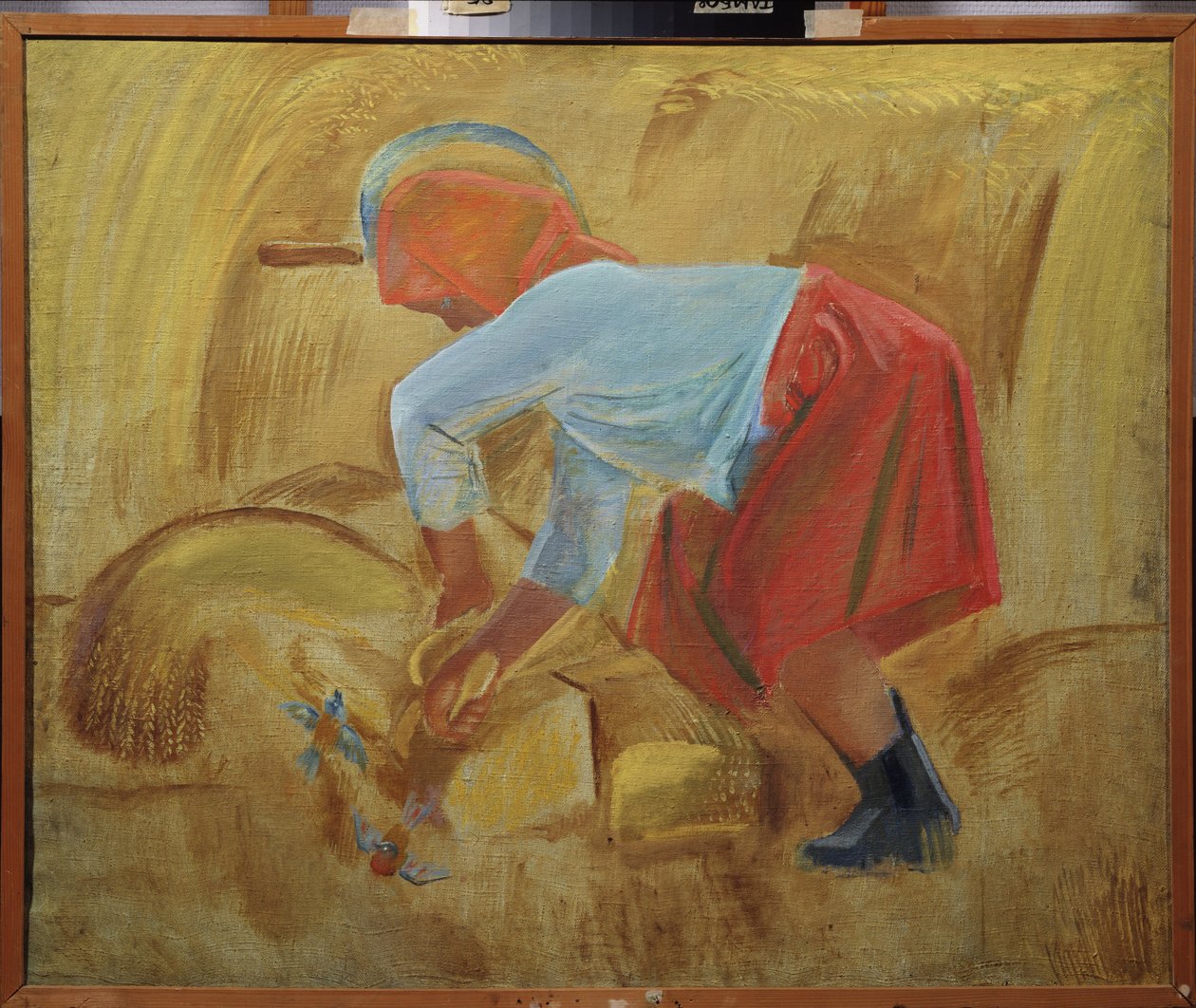 Een maaidorser met een sikkel op het hoofd door Unknown artist