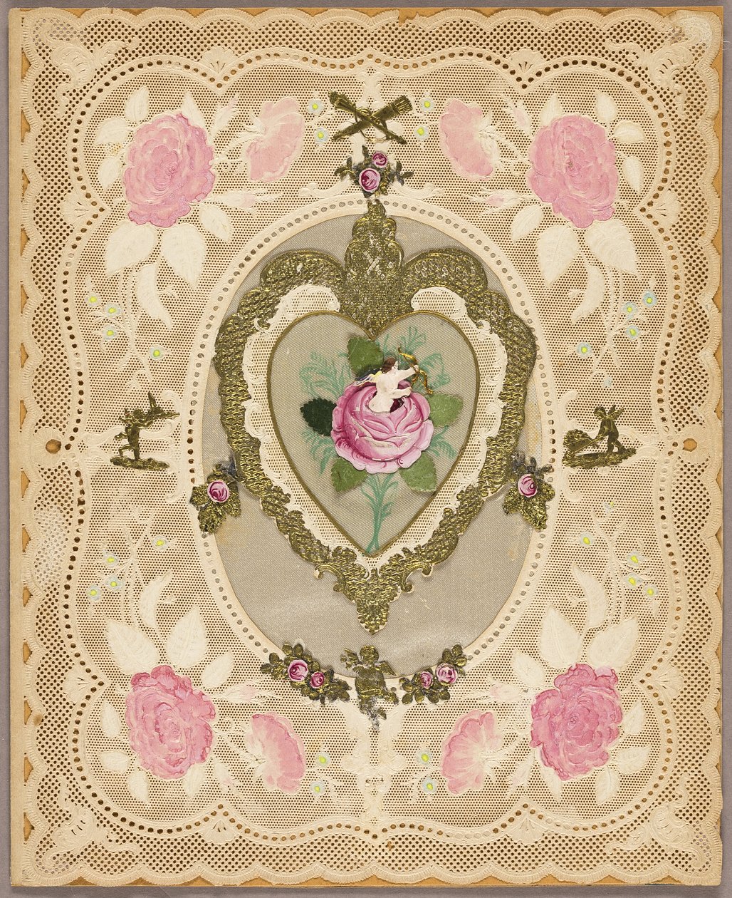 Valentijn zonder titel (Roze bloemen en Putti) door Unknown artist