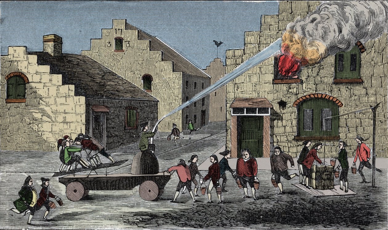 Gebruik van een brandpomp om een brand te blussen. Gravure uit 1733 door Unknown artist