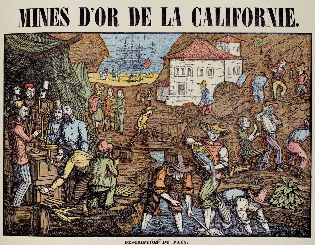 Verschillende activiteiten van een goudmijn in Californië: zoeken naar klompjes, wegen, kopen, verlaten van de goederen. Gravure uit de 19e eeuw. Parijs, decoratieve kunsten door Unknown artist