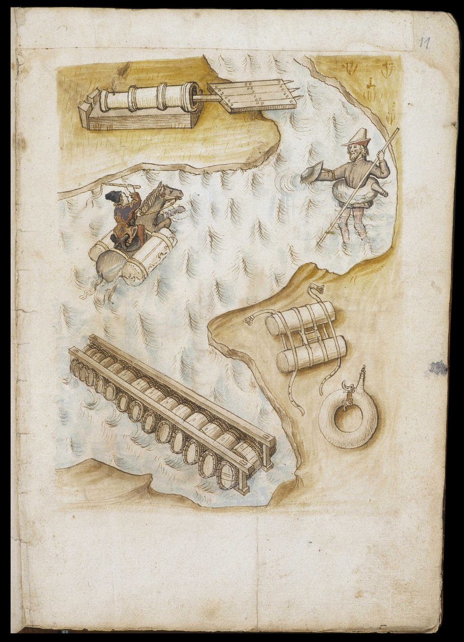 Verschillende systemen van boeien en vlotten voor evolutie op water - Manuscript: perkamentblad van een ingenieurshandboek voor de bouw van civiele, religieuze en militaire gebouwen, anoniem, eind 15e eeuw (figuur in Chinese inkt) door Unknown artist