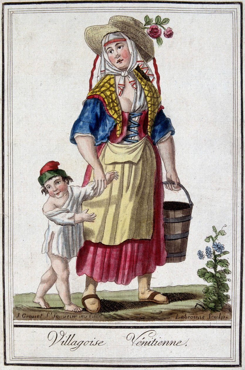 Venetiaans dorp met haar zoon. 18e-eeuwse gravure door Unknown artist