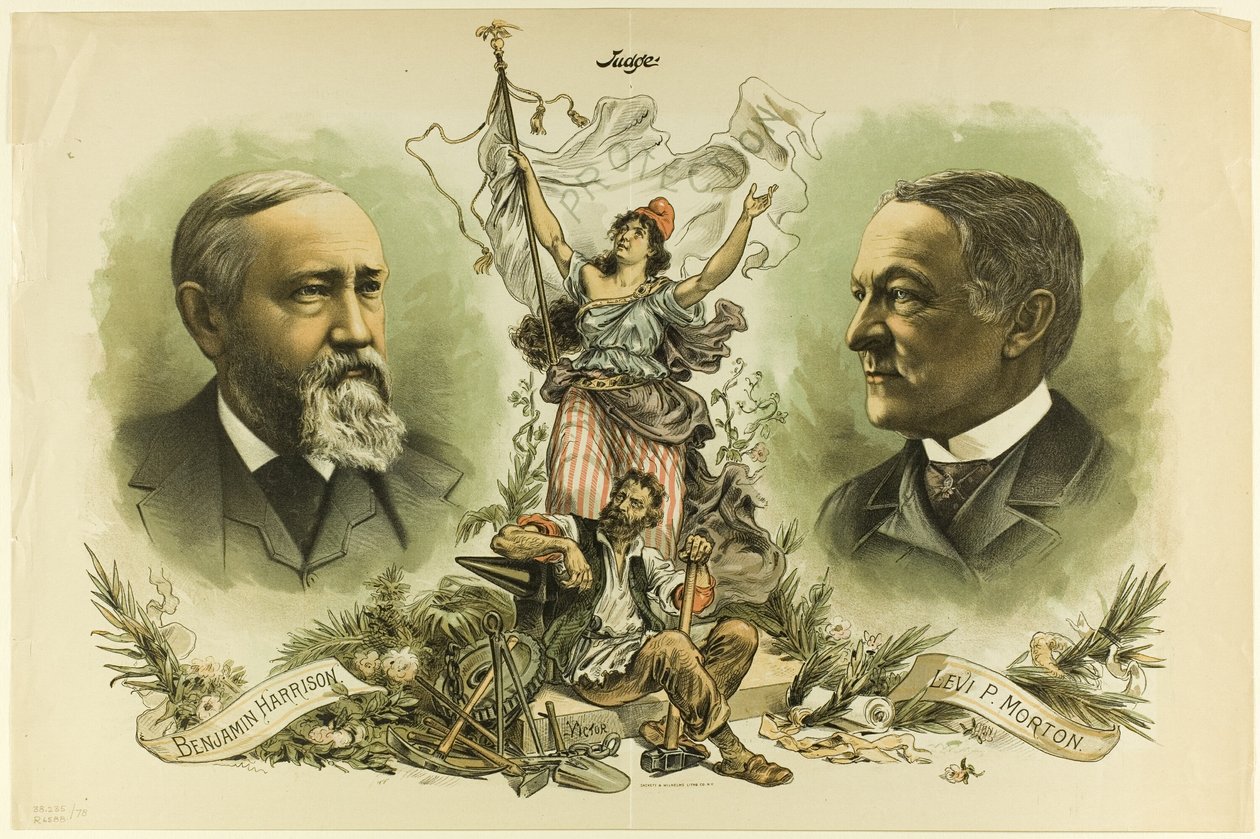 Overwinningsportretten van Benjamin Harrison en Levi P. Morton, uit Judge door Unknown artist