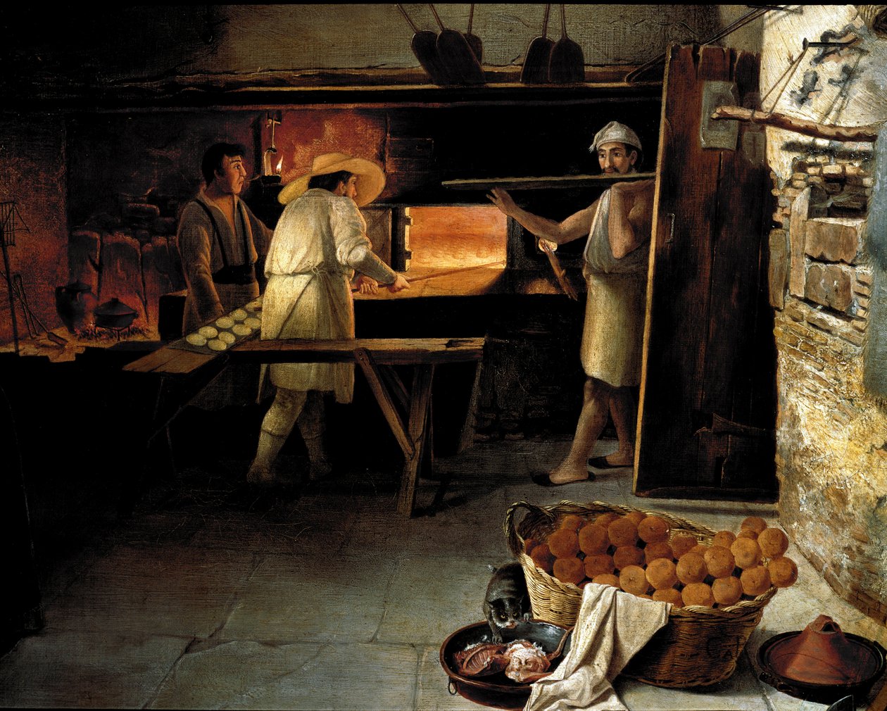 Uitzicht van binnenuit een bakkerij. Bakkers bakken het brood in de oven (18e eeuw) door Unknown artist