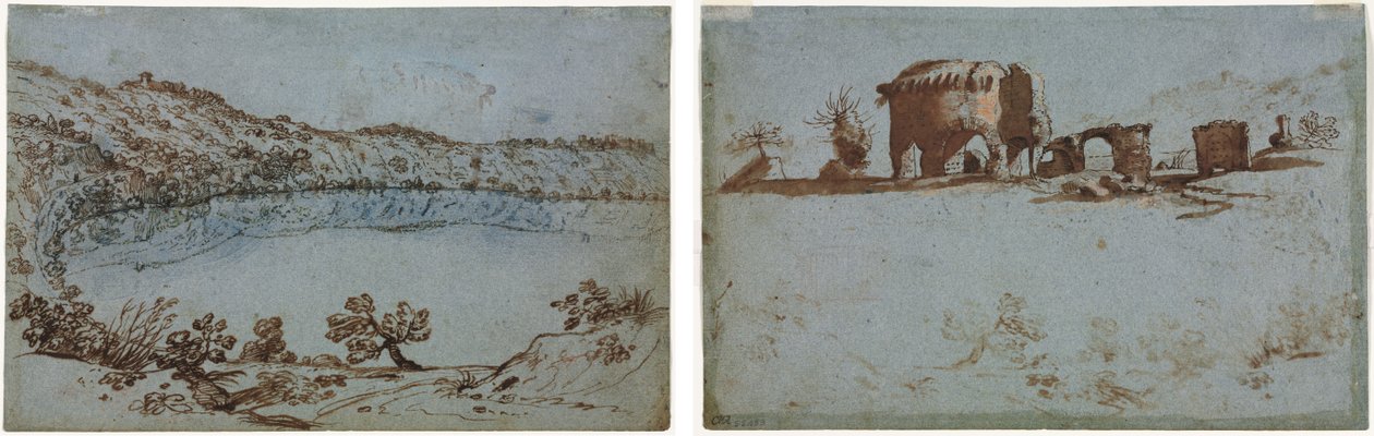 Uitzicht op het Meer van Nemi (recto) Kleine Groep Romeinse Ruïnes (verso) door Unknown artist