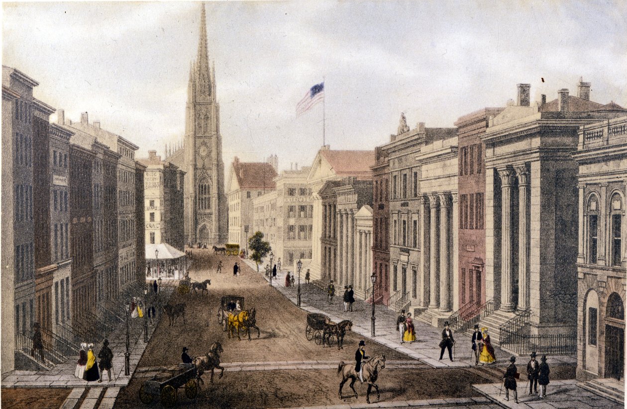 Uitzicht op New York: Wall Street uitzicht op William Street. Lithografie sd. rond het midden van de 19e eeuw. door Unknown artist