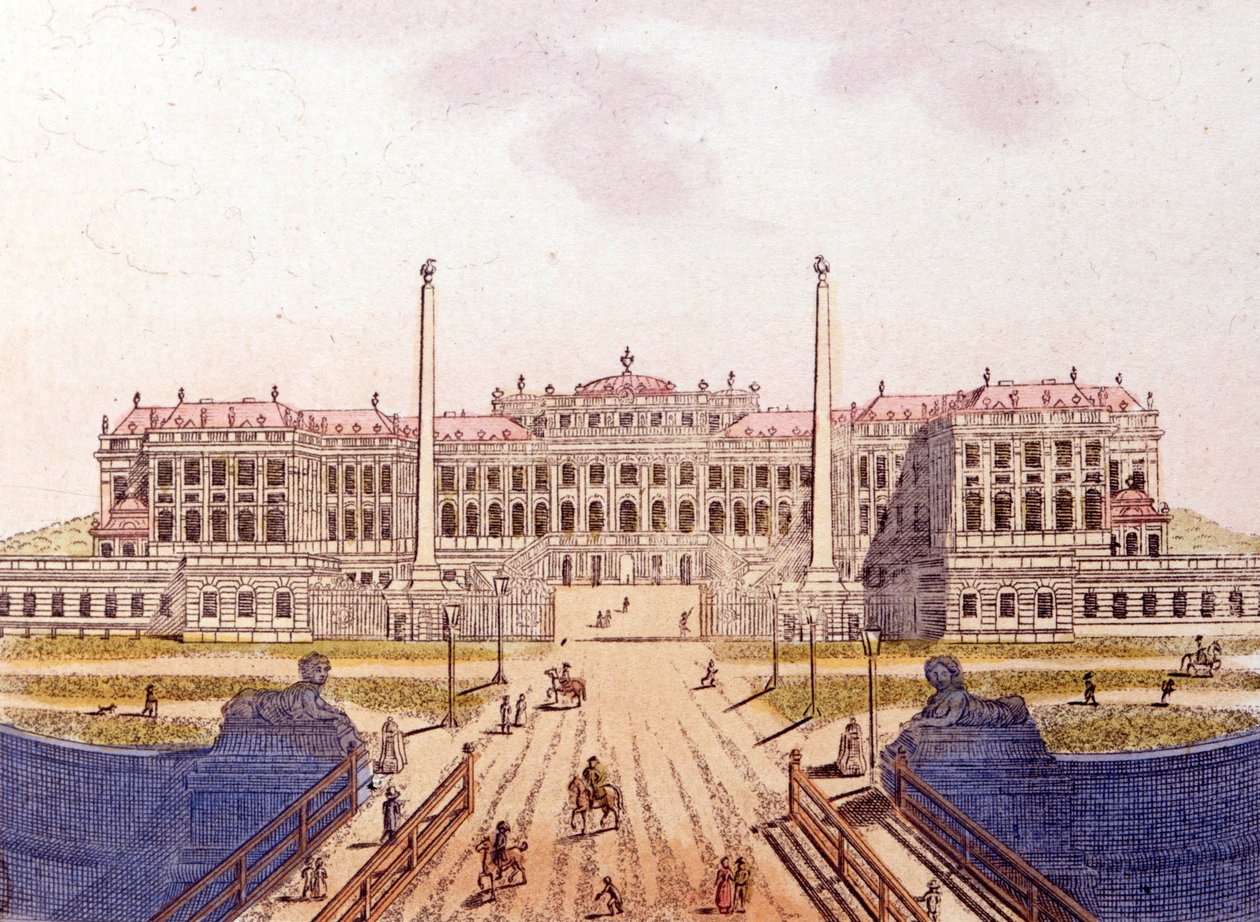 Uitzicht op Kasteel Schönbrunn, voormalige residentie van de Oostenrijkse keizerlijke familie, Wenen, Oostenrijk, gravure uit 1820 door Unknown artist