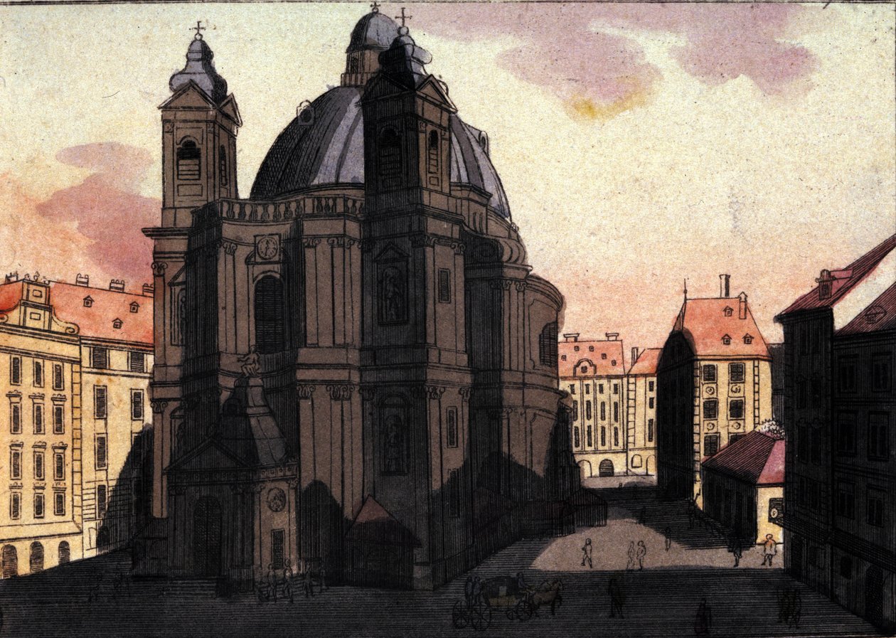 Zicht op het Sint-Pietersplein en de kerk in Wenen, Oostenrijk. Gravure uit 1820 door Unknown artist