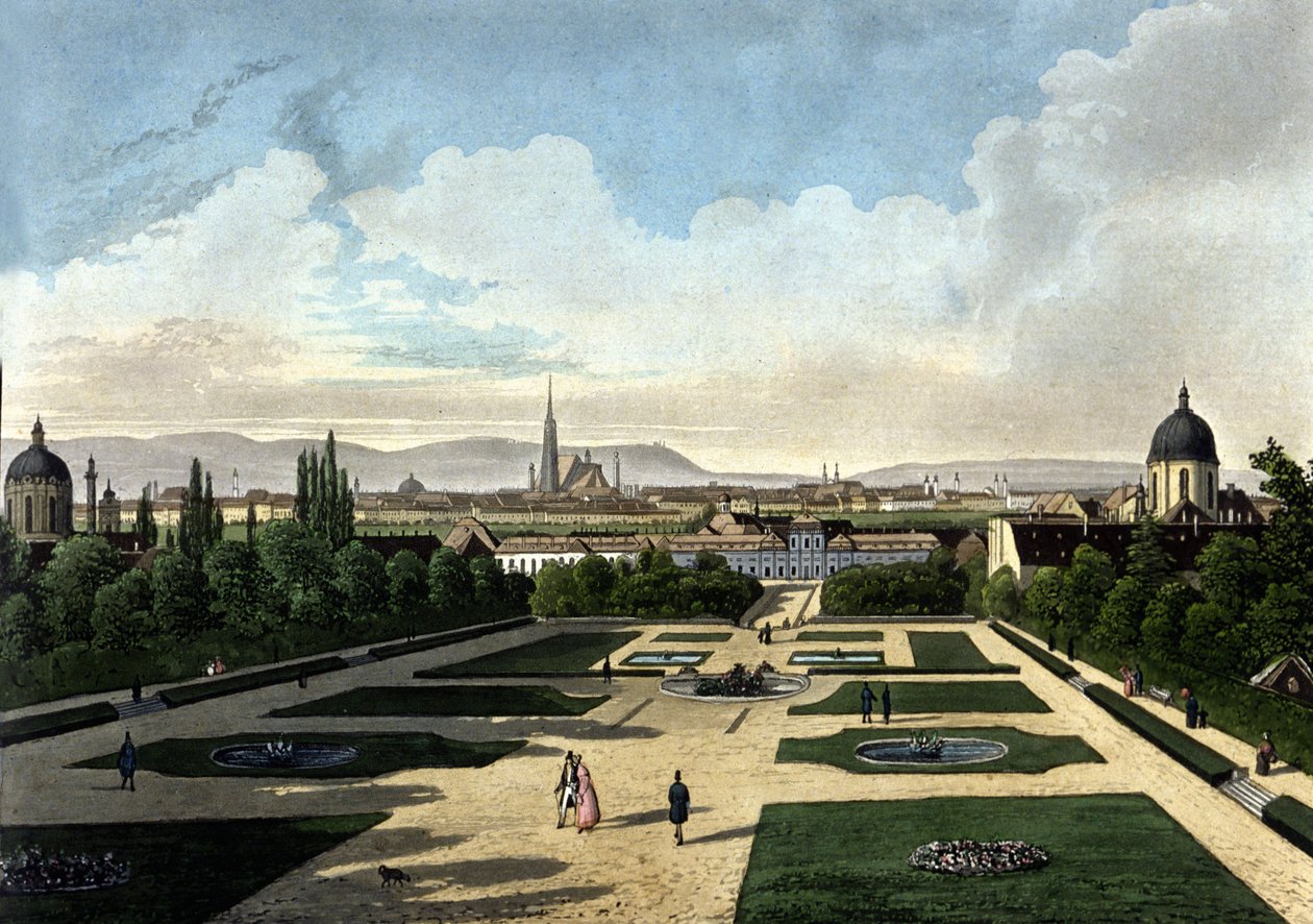 Uitzicht op het Belvedere van Wenen, Oostenrijks barokpaleis gebouwd door Eugene de Savoye. Lithografie uit de 19e eeuw door Unknown artist
