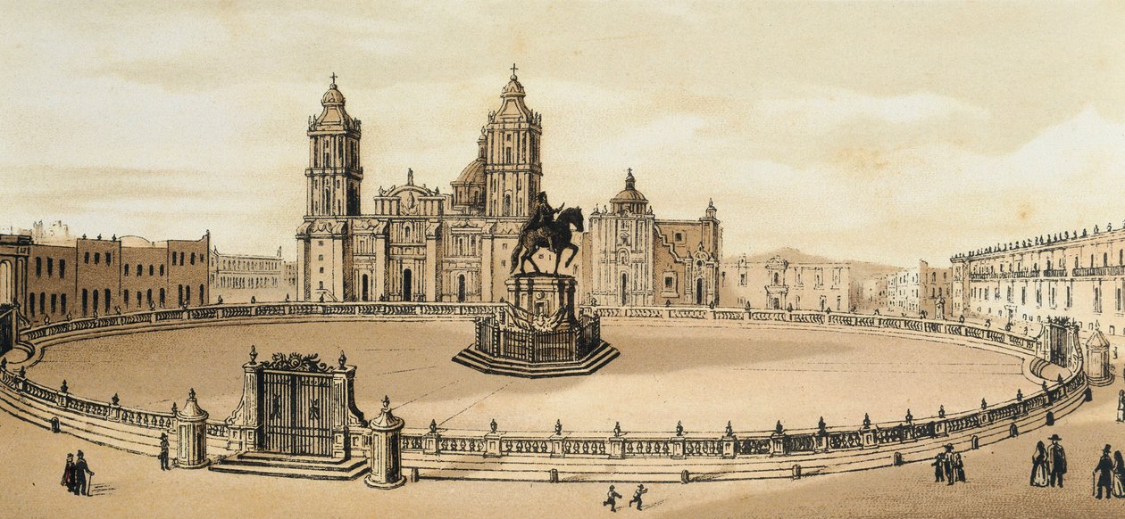 Uitzicht op het Zocalo-plein en de kathedraal in Mexico-Stad, Mexico Eind 19e eeuw Lithografie door Unknown artist