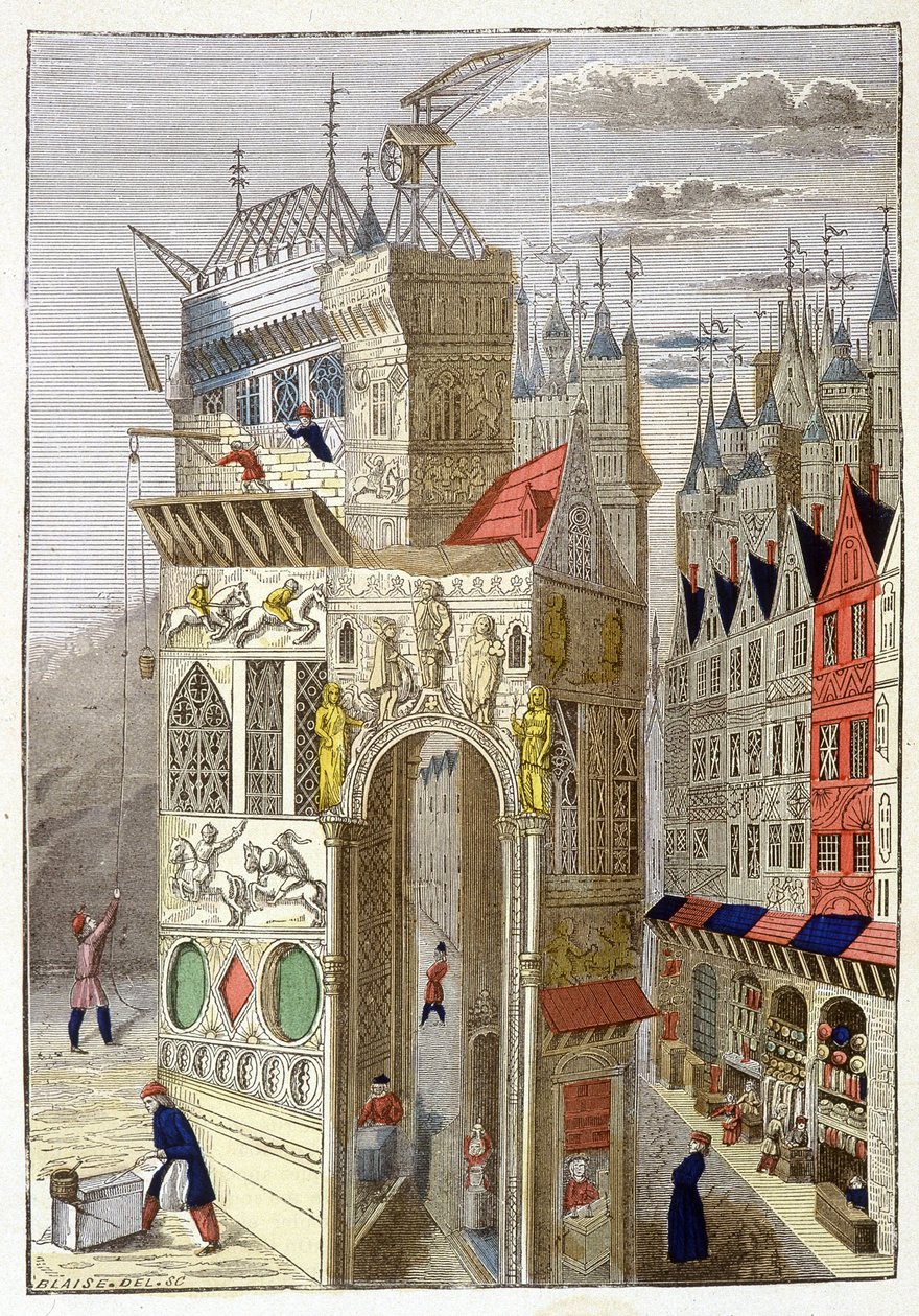 Zicht op een straat in Parijs in de 15e eeuw, met vakwerkhuizen en een kerk in aanbouw. door Unknown artist