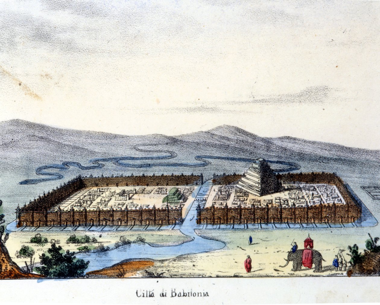 Zicht op het oude Babylon: in het midden de tempel en de hangende tuinen. Vroeg 19e eeuw. door Unknown artist