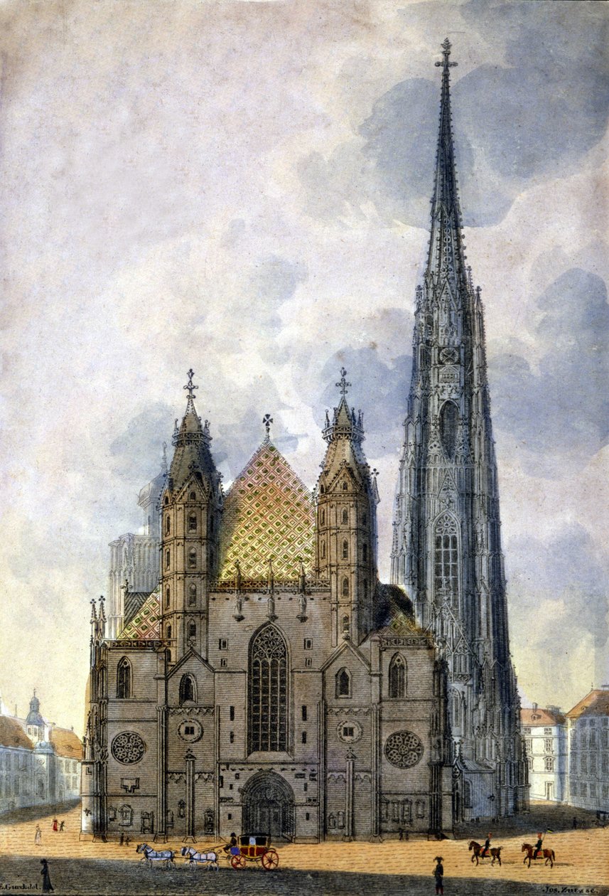 Gezicht op de kathedraal van St. Stephen (Stephansdom) in Wenen, Oostenrijk aan het einde van de 18e eeuw. door Unknown artist