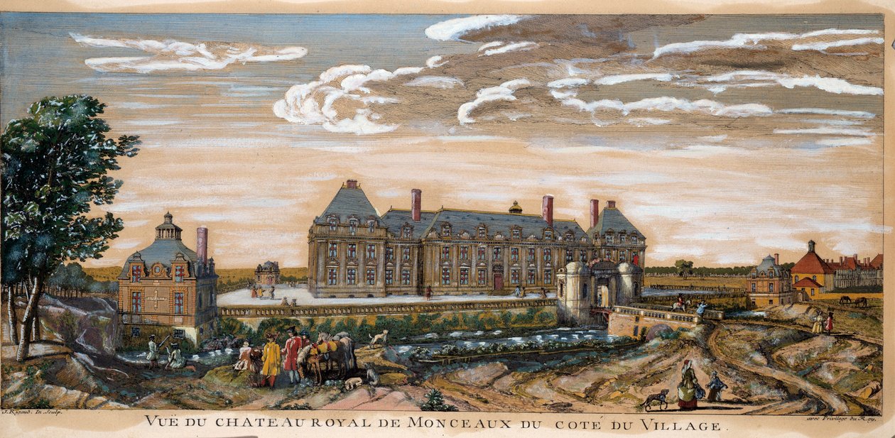 Uitzicht op het Koninklijk Kasteel van Monceaux. Gravure uit 1740. Privécollectie. door Unknown artist
