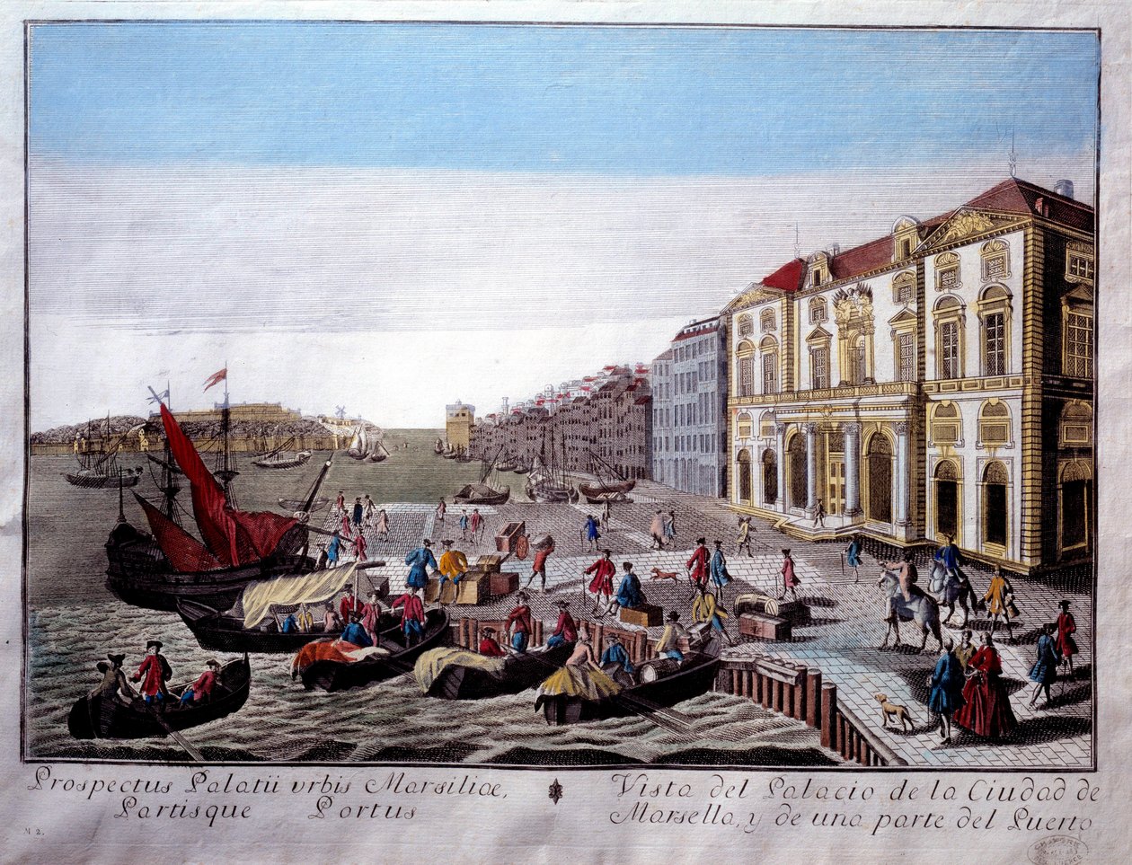 Zicht op het stadhuis en een deel van de haven van Marseille. Scène van handelsactiviteiten en het lossen van goederen op de kade. Anonieme gravure uit de 18e eeuw Marseille, Musee de la Marine door Unknown artist