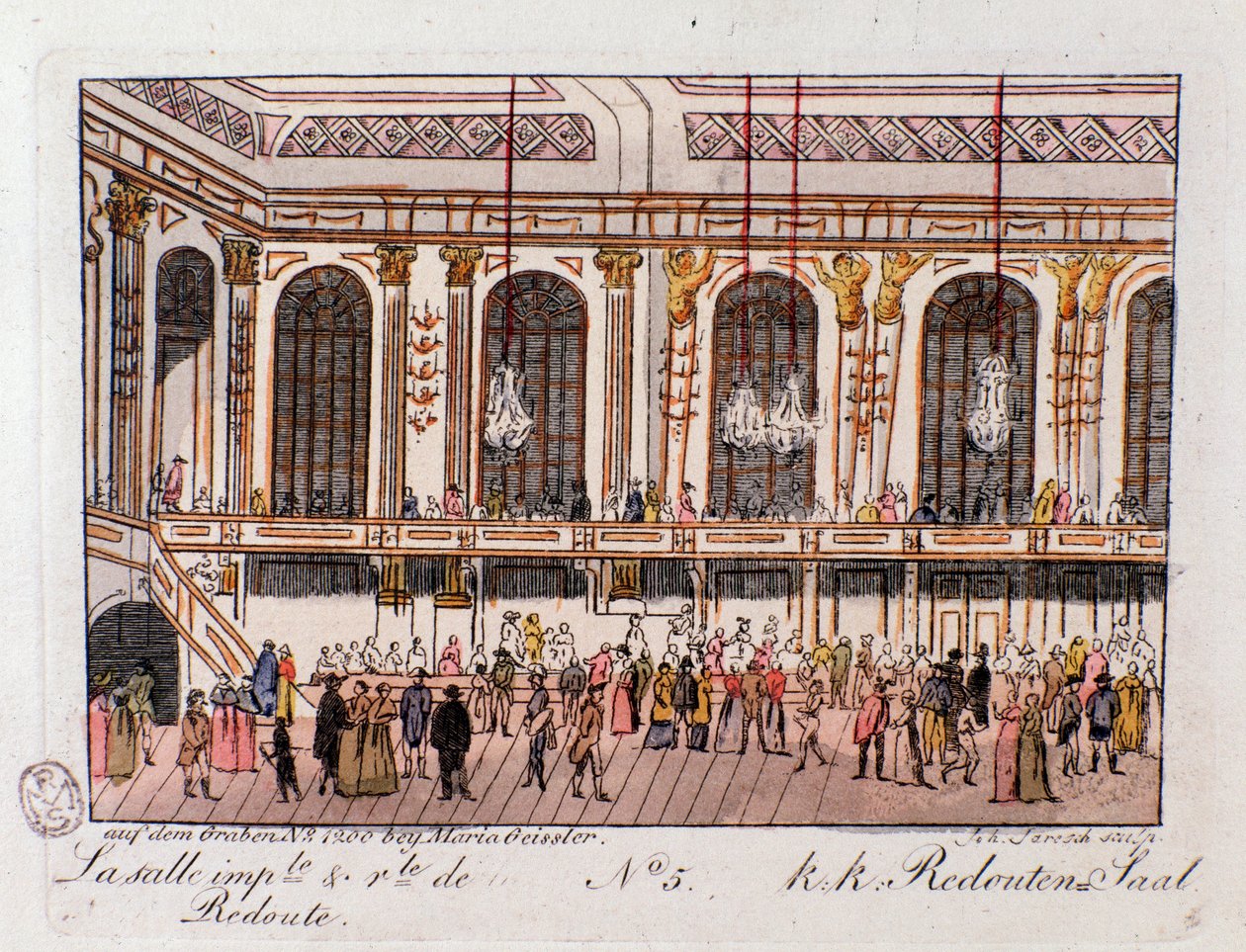 Zicht op de Keizerlijke en Koninklijke Zaal van de Redoute in Wenen, Oostenrijk. Gravure uit 1815 Privécollectie door Unknown artist