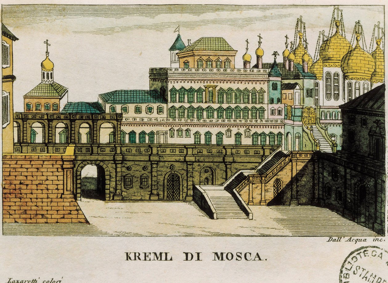 Uitzicht op het Kremlin, Moskou, Rusland uit reizen van St. Petersburg naar Duitsland door Georg Reinbeck, prent door Unknown artist
