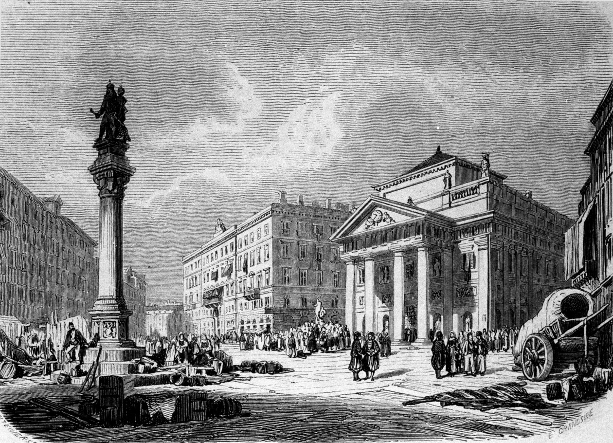 Zicht op de Place de la Bourse in Triëst (tijdens de Oostenrijkse periode), gravure uit de 19e eeuw door Unknown artist
