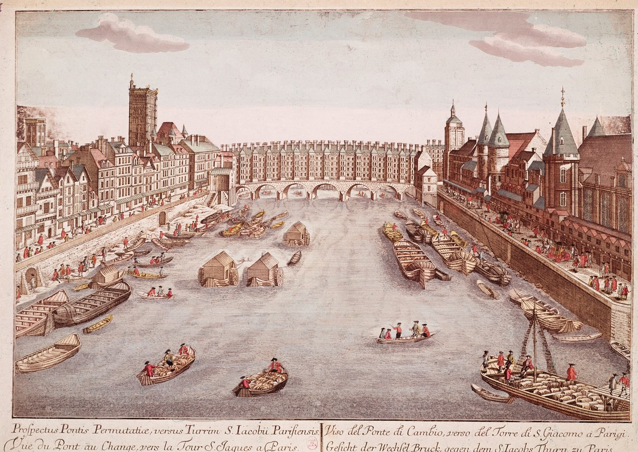 Zicht op de Pont-au-Change richting Saint-Jacques Toren, Parijs (gravure) door Unknown artist