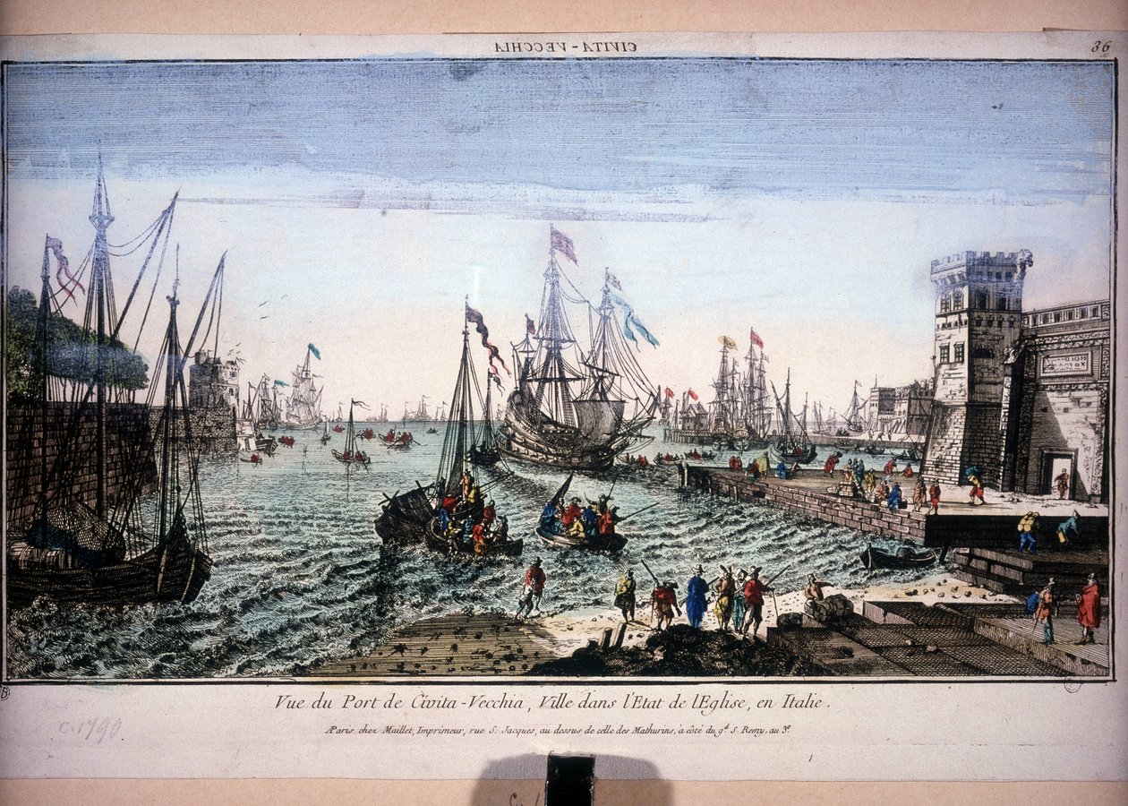 Uitzicht op de haven van Civitavecchia, stad in de Staat van de Kerk, Italië. Optisch uitzicht uit de 18e eeuw door Unknown artist