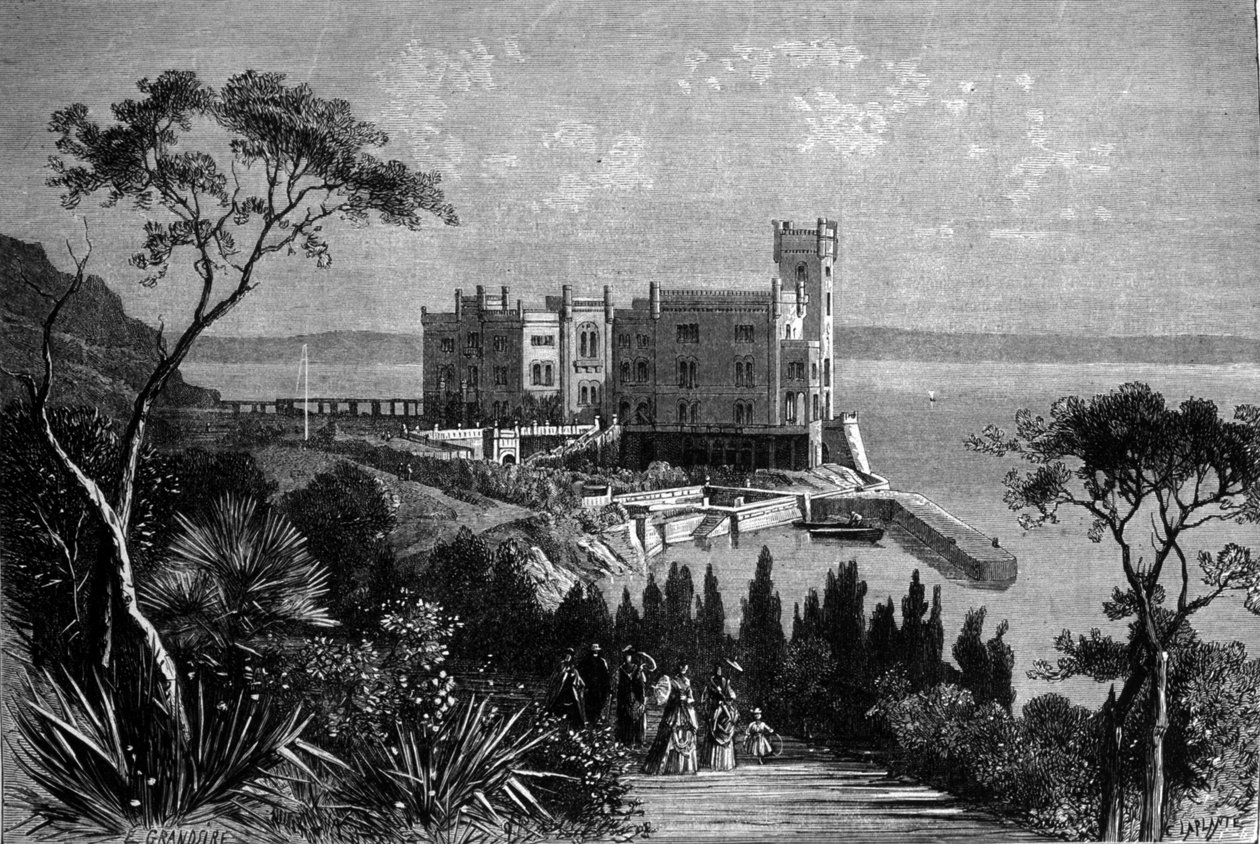 Uitzicht op het kasteel van Miramare in Triëst (tijdens de Oostenrijkse periode), gravure uit 1885 door Unknown artist