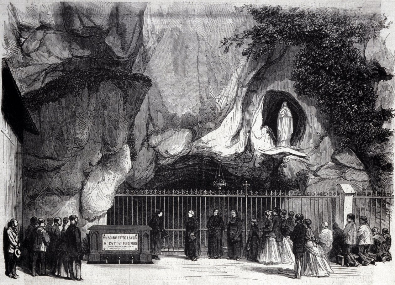 Zicht op de grot van Lourdes in de Hoge Pyreneeën waar de Maagd verscheen aan Bernadette Soubirous (1844-1879) in 1858, huidige bedevaartplaats. Gravure uit de 19e eeuw. door Unknown artist