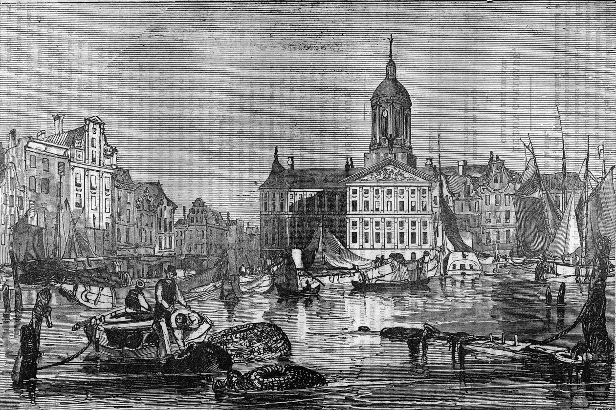 Gezicht op de stad Amsterdam en het oude stadhuis in de 19e eeuw door Unknown artist