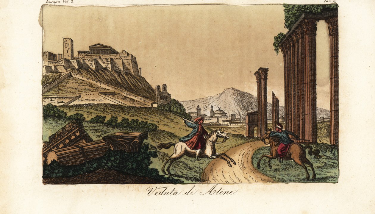 Uitzicht op de stad Athene, Griekenland, met de Akropolis en het Parthenon links, ruïnes van zuilen, monumenten en Propylaea op de voorgrond door Unknown artist