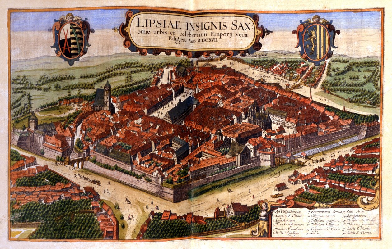 Zicht op de stad Leipzig in Duitsland. Gravure uit de 17e eeuw door Unknown artist